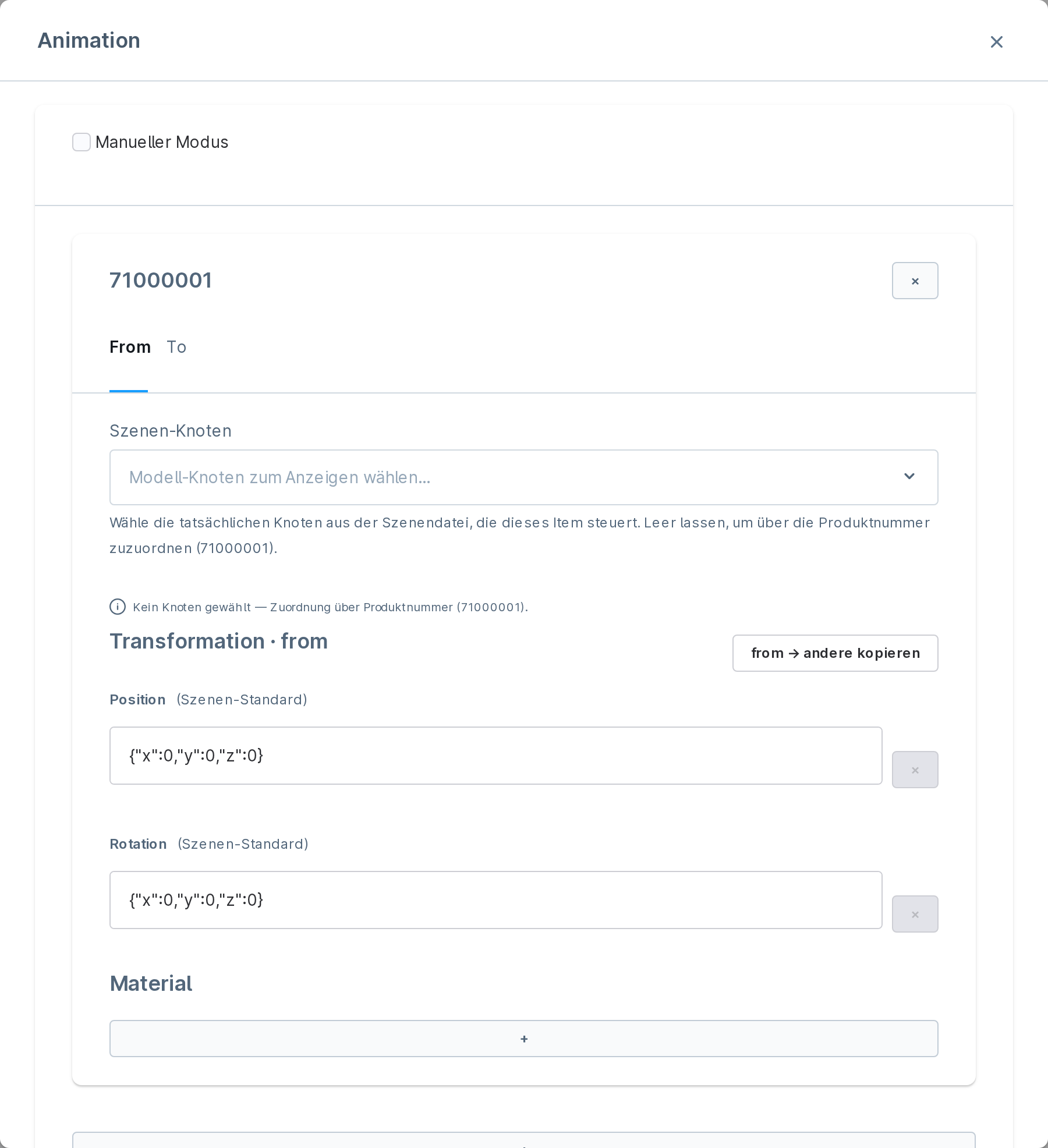 Detail-Editor: Knoten-Auswahl, Status, From/To-Transformation und Material Detail-Editor: Knoten-Auswahl, Status, From/To-Transformation und Material