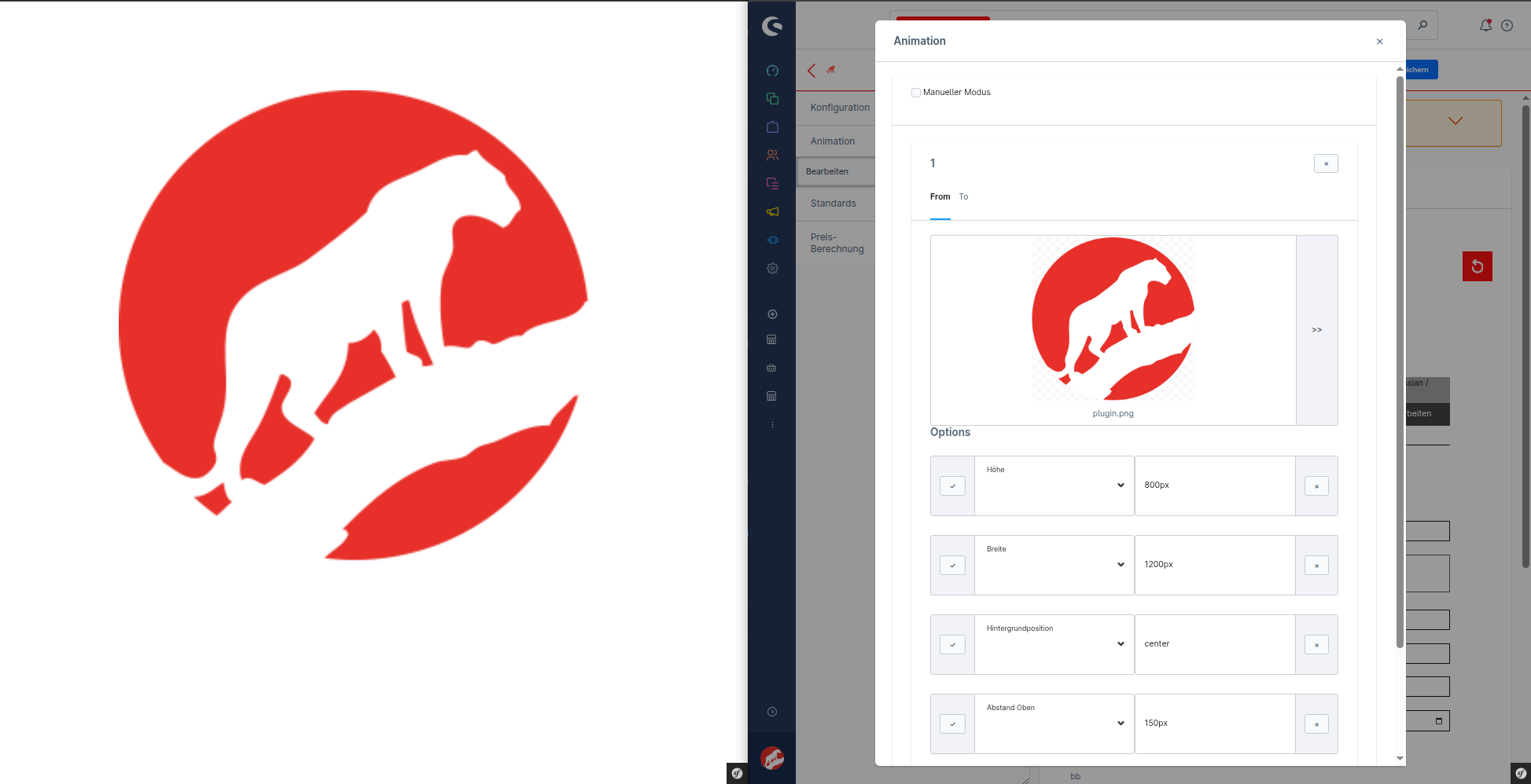 Animation-Editor: links Konfigurator-Live-View, rechts CSS-Properties, daneben das Vorschau-Popup
