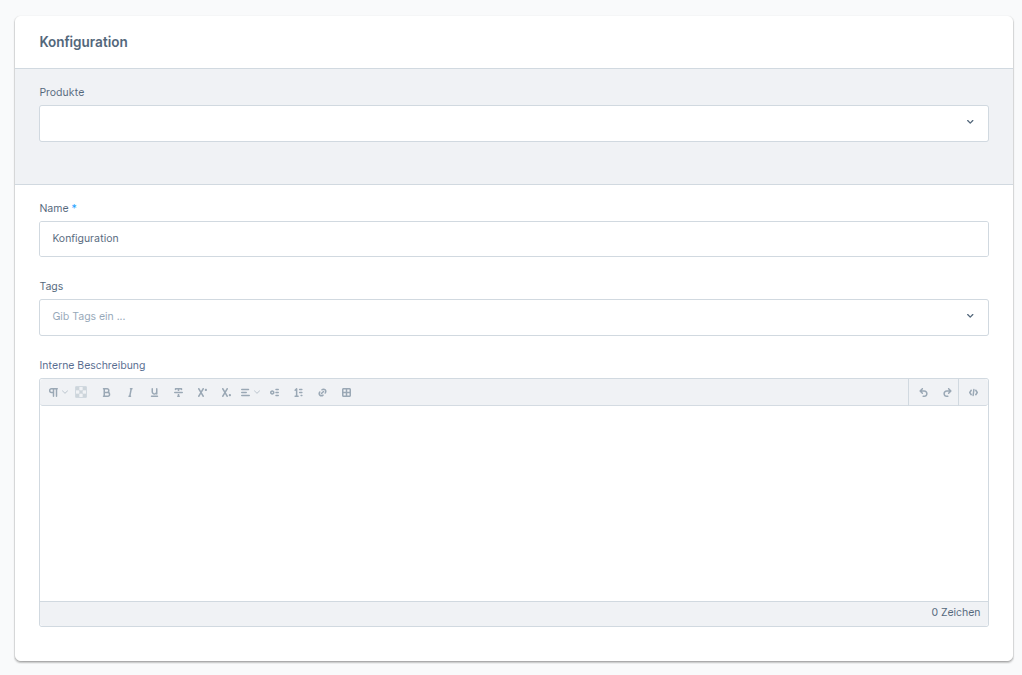 Basis-Editor mit Tabs Information / Tags / Produkte