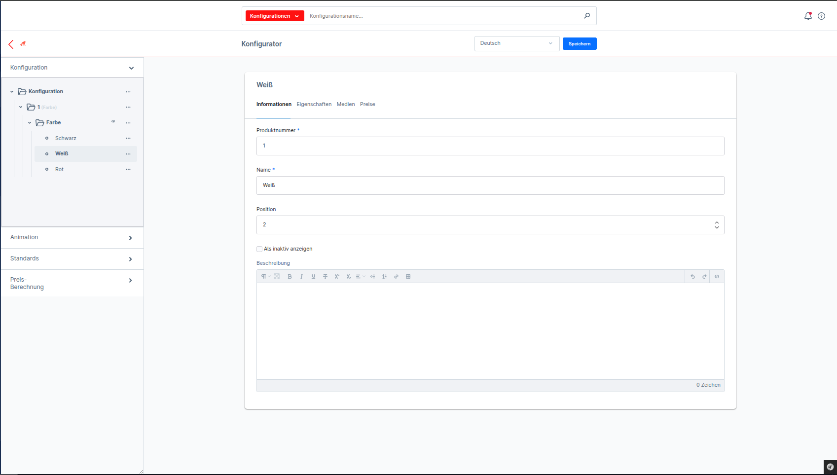 Detailansicht mit Sidebar links, Editor in der Mitte, Speichern-Bar oben