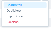 Kontextmen&uuml; einer Zeile mit Bearbeiten / Duplizieren / Im Frontend &ouml;ffnen / L&ouml;schen
