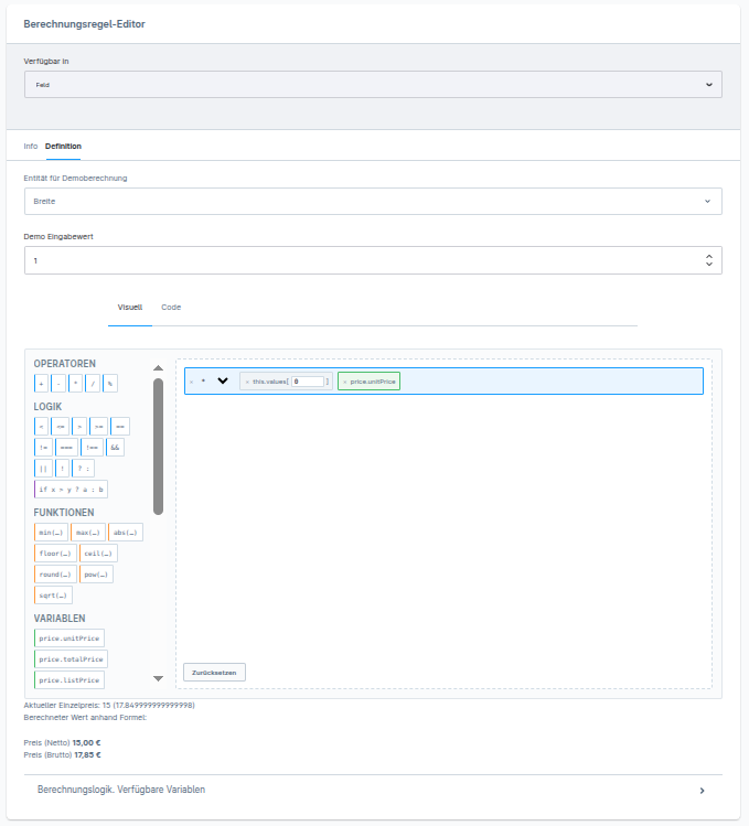 Editor mit Modus-Umschalter zwischen Visuell und Code