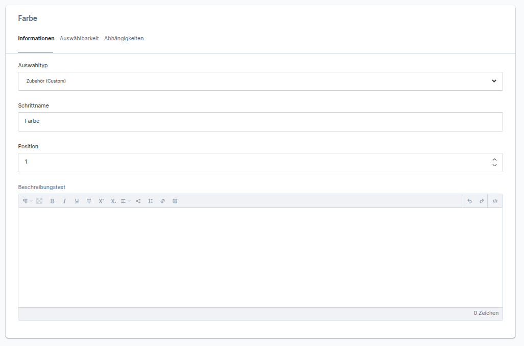 Zubeh&ouml;r-Custom-Schritt im Backend