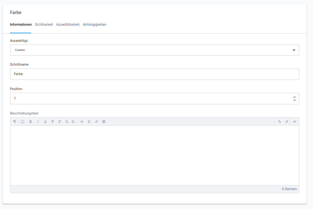 Informationen-Tab eines Custom-Schrittes