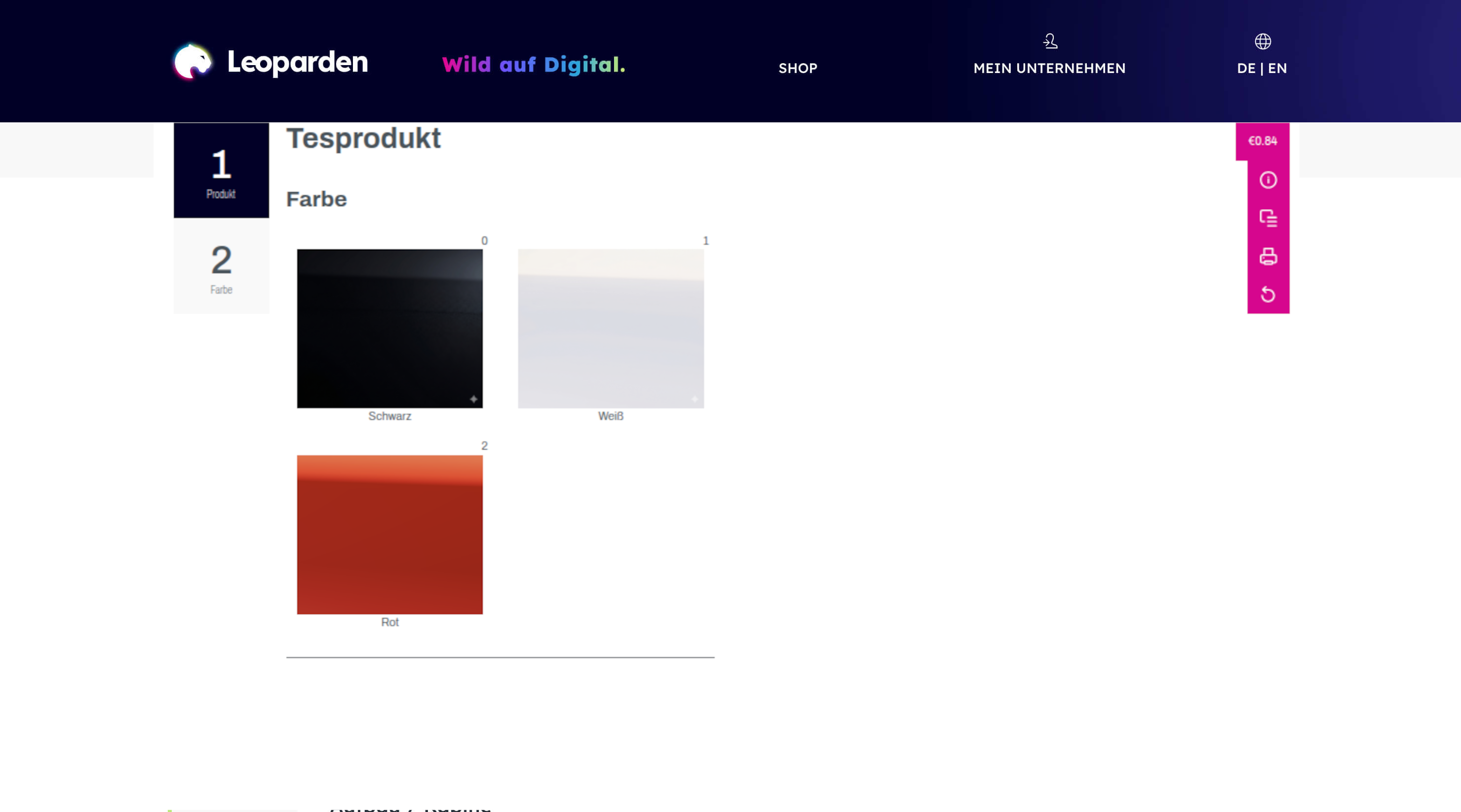 Konfigurator mit Schritt &bdquo;Farbe" und drei Auswahlen im Frontend